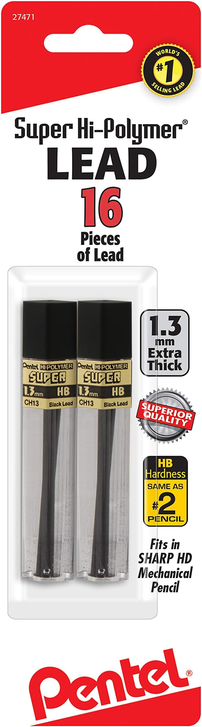 Pentel PentelCH13BPHB2 Super Hi-Polymer Lead Refill (1.3mm) HB, 8Pcs/Tube, 2Pk