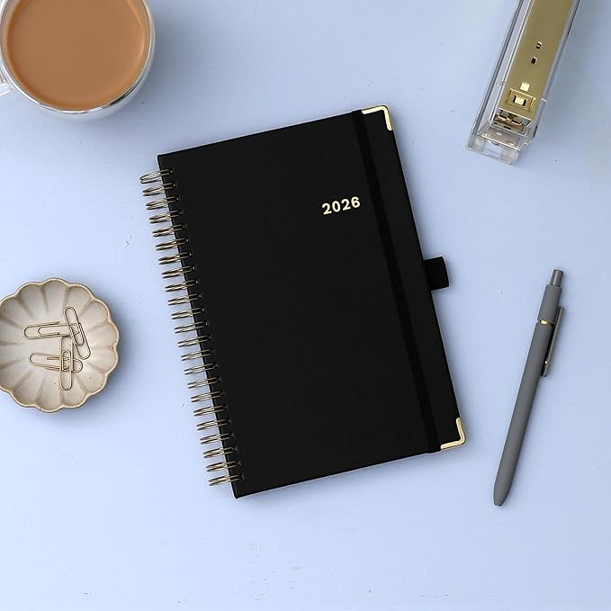 Blue Sky 2026 Weekly and Monthly Planner Calendar, January 2026 - December 2026, 5" x 8", Faux Leather Cover, Durable Twin Wire Binding, Storage Pocket, Laminated Tabs, Includes Pen Loop, Bungee, Ruler, Black