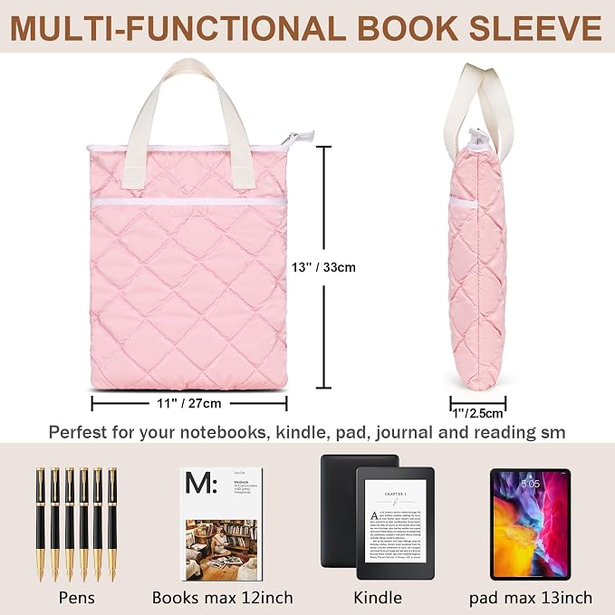 Likesing Book Sleeve Pouch with Zipper, Waterproof Book Pouch 13" X 11", Book Protector Sleeve with Front Pocket, Book Protector Sleeve, Book Club Christmas Birthday Gifts for Book Lovers (Pink)