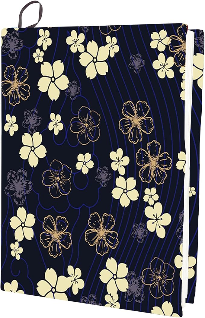 CRASPIRE Flower Stretchable Book Cover Floral Navy Blue Washable Reusable Large Nylon Cloth Polyester Book Protector Elastic Notebook Wraps Suitable for Most Hardcover Books