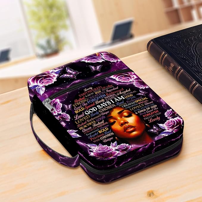God Says I Am Bible Cover for Women, African American Design Bible Case with Handle and Zipper Pocket, Inspirational Scripture Canvas Bag for Church, Bible Study, Spiritual Christian Gift