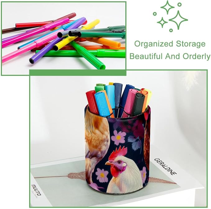 Pen Cup Holder for Desk, Large Pen and Pencil Holder, Seamless Chickens and Flowers Desk Stationery Organizer Makeup Brush Holder for Home, Office, School