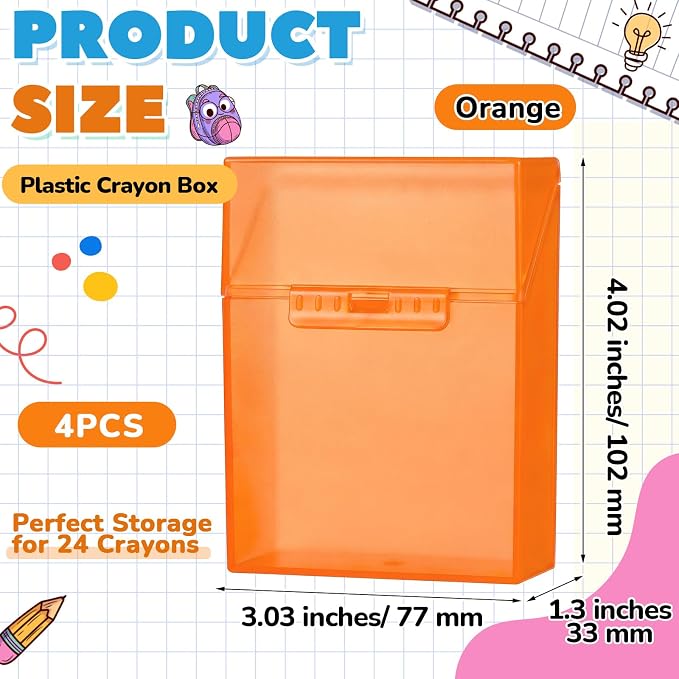 Clabby 4 Pcs Plastic Crayon Organizer Case for 24 Count Crayons Kids Art Supply Storage Box with Lid, Portable Holder for Classroom Home Travel, Fits Standard 24-Pack Crayon (Orange)