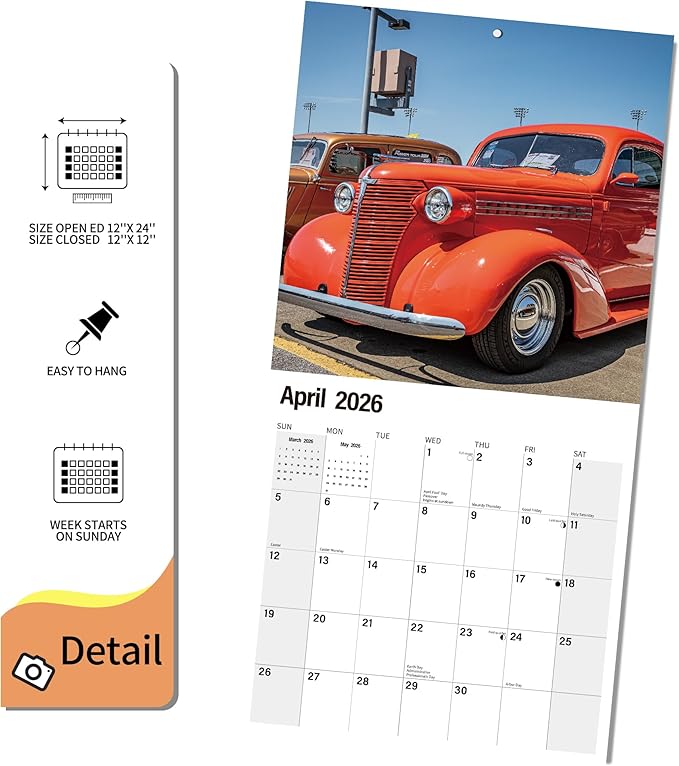 2026 Wall Calendar Planner Calendar - Classic Car Hangable Monthly Wall Calendar with Large Blocks for Organizing & Planning, Academic Schedule, Home, Office & Family, Thick & Sturdy Paper