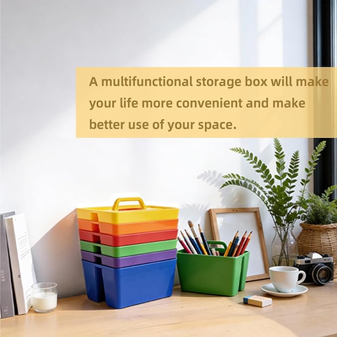 BPA Free 2 Compartment Stackable Desk Organizer, Classroom Caddy, Plastic Office Supply Bin with Handle for Home Office, Kitchen & Small Desk Items, 6 Pack