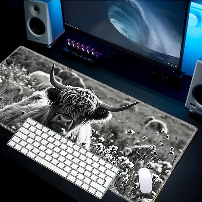 Mouse Pad Gaming Mousepad 31.5x11.8 Inch XXL Large + Coasters,Desk Mat with Stitched Edges, Non-Slip Rubber Base, Thick Mouse Pad for Computer, Laptop, Office & Home - Gray Highland Cow