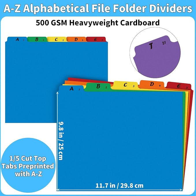 1 Set 25 Pcs Alphabetical File Organizer 25 Colors A-Z Top Tab Alphabet File Cabinet Dividers Letter-Size 1/5 Cut Tab File Folder Guide 500 GSM Heavyweight Manila Cardboard for Office Home School Desk