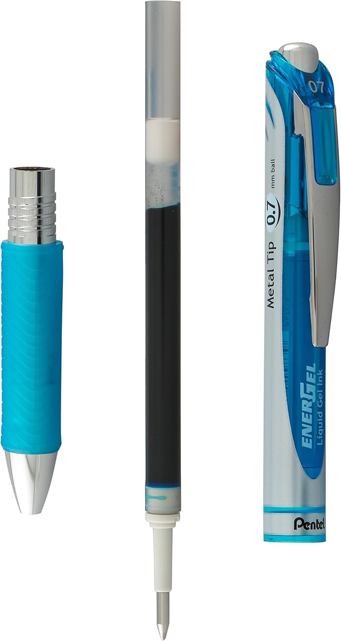 Pentel EnerGel Deluxe RTX Retractable Liquid Gel Pen, Medium Line, Metal Tip, Sky Blue Ink, 2 Pack (BL77BP2S)