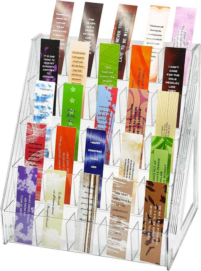 5 Tier Acrylic Bookmark Display Stand for Vendors, 25 Pockets Portable Sticker Holder Greeting Card Display for Business Vendor, Retail Store Shop