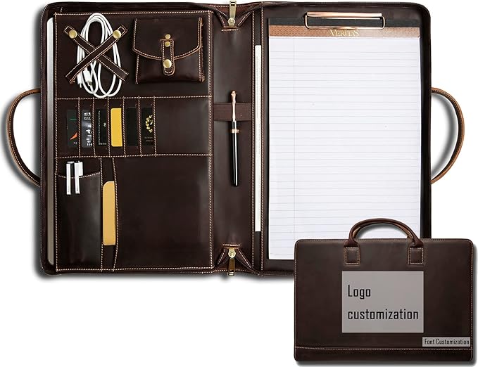 Genuine Leather Portfolio, Padfolio Organizer with Handle, Personalized Padfolio，Padfolio with Zipper for Men Women，Suitable for 15-inch Laptop Legal Pad Padfolio, Dark Brown