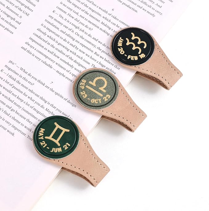 3 PCS Leather Magnetic Bookmark Clips, Zodiac PU Leather Bookmarks for Book Lovers, Full Set of Book Clip Accessories, Wind Direction Constellation