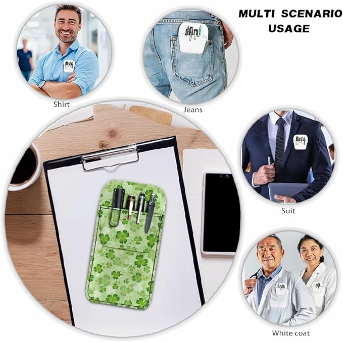chaqlin Fashion Pocket Protector Green Saint Patrick Print, Leather Pocket Pen Pouch Holder Organizer for Pens and Pencils School Office Hospital Supplies