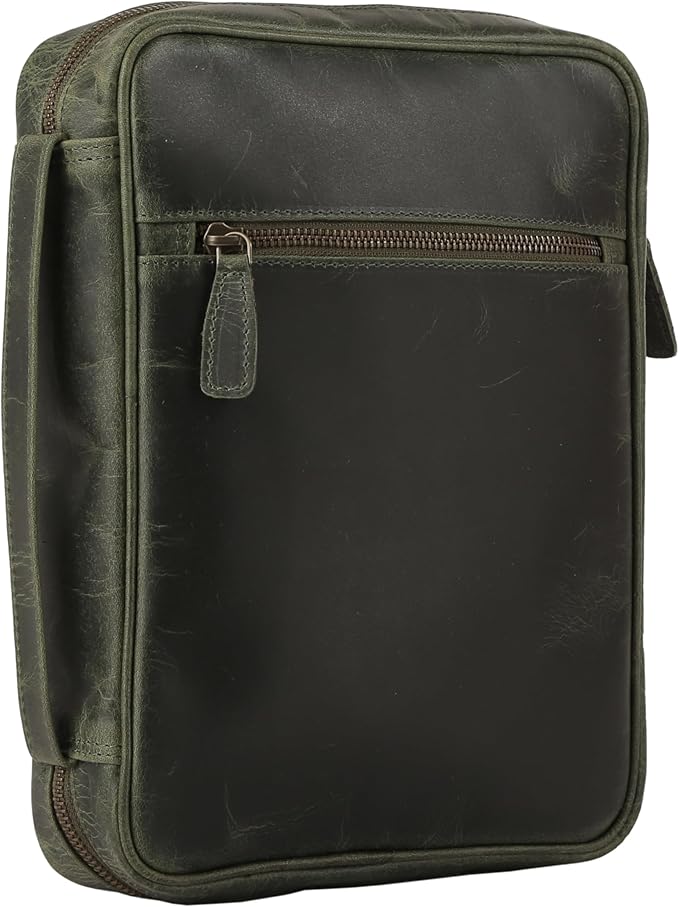 Leather Bible Cover for Men & Women – Zippered Bible Case with Handle, Note & Pen Organizer – Fits Large Study Bible – 11.5x8.5 Inch (Green)