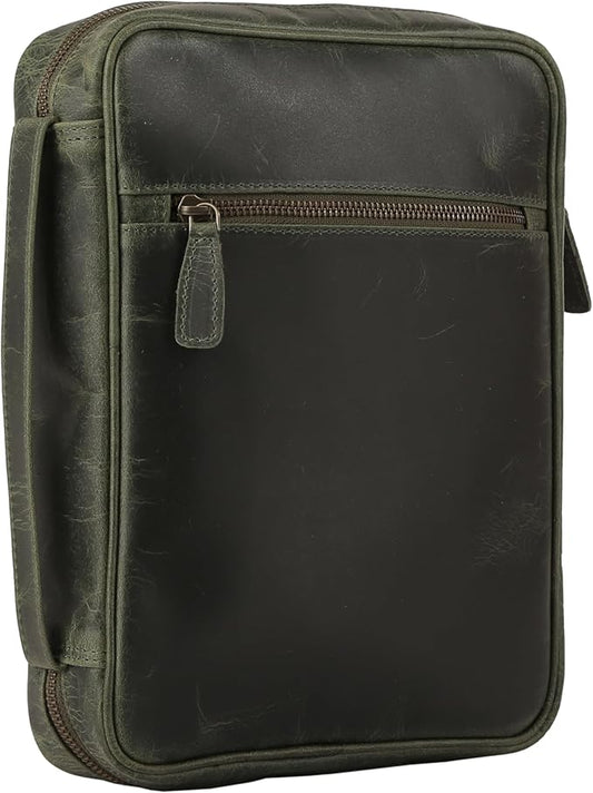 Leather Bible Cover for Men & Women – Zippered Bible Case with Handle, Note & Pen Organizer – Fits Large Study Bible – 11.5x8.5 Inch (Green)