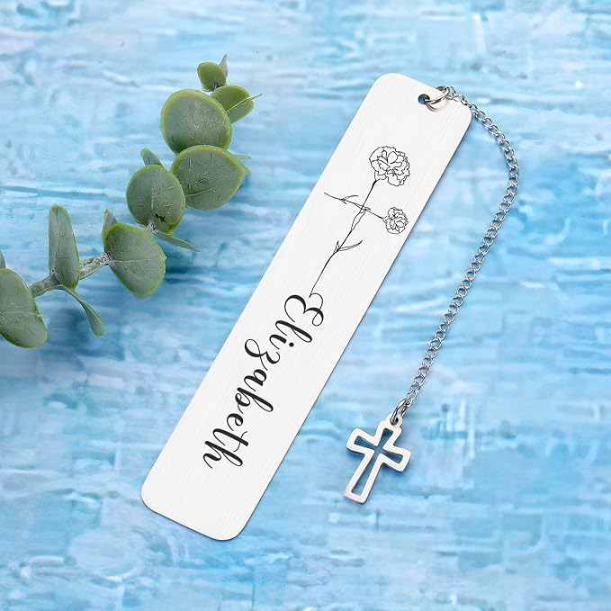 Personalized Bookmarks for Women Book Lover Birth Flower Birthday Customized Gifts for Reading Her Daughter Friends (Religious Cross Birth Flower)
