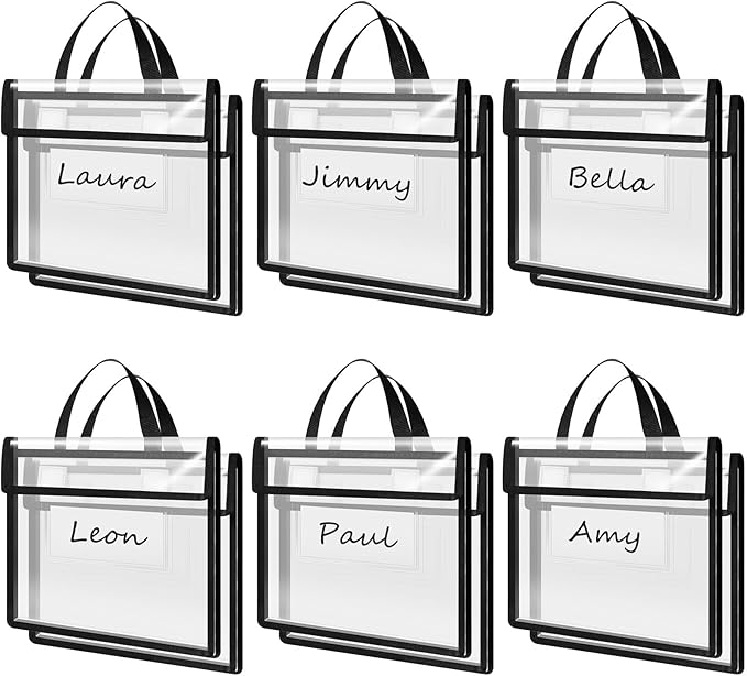 Teling 12 Pack Thick Clear Book Pouches with Blank Name Tags and Handles Book Baggies Bags Bins Organizer for School Classroom Library Pockets Students (14 x 11 Inch,Black)