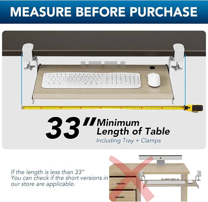 AX WABER Keyboard Tray Under Desk Pull Out with Extra Sturdy C Clamp Mount System, 27.3 (32.5 inch Including Clamps) x 11 Inch Slide-Out Platform Computer Drawer for Typing Grain AX01WG01
