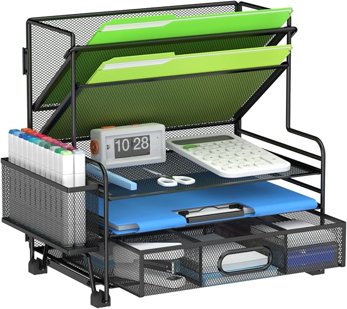 MINDEPOT 3-Tier Paper Organizer + 2-Pocket File Holder, Desktop File Organizers Paper Tray for Office School Classroom Workspace Organization