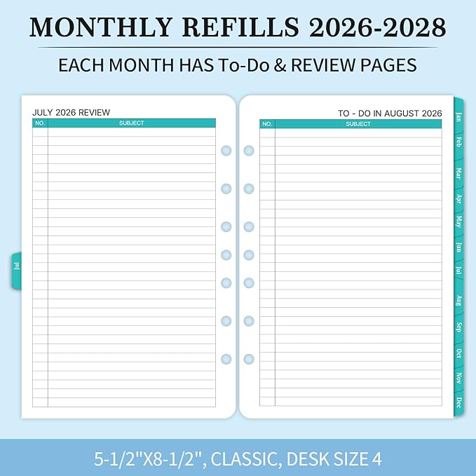 2026-2028 Monthly Planner Refill - Planner Inserts with 7-Hole Punched, 5-1/2" x 8-1/2", Runs from July 2026 to June 2028, Two Pages Per Month, Monthly Calendar with Monthly Tabs