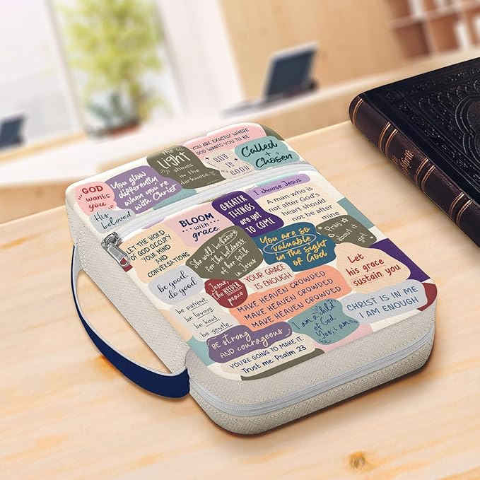 Inspirational Bible Cover for Women Girls Teens, Canvas Scripture Case with Handle and Zipper, Faith Quotes Bible Holder for Church and Bible Study, Christian Gift for Daughter Mom Friends