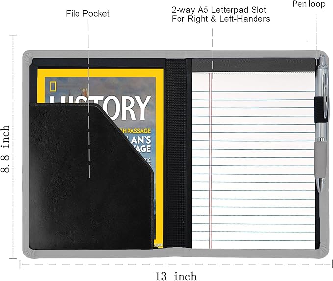 Padfolio/Portfolio Binder, Mini Padfolio Portfolio Binder 5 x 8 Legal Writing Pad, A5 Document Organizer Folder for Men Women, Gray