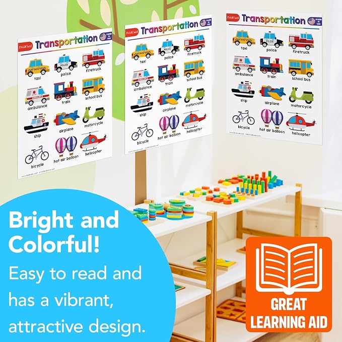 Transportation Chart for Preschool to Grade 1 – Bright and Colorful Educational Visual/Learning Aid Poster Decoration for Classroom or Home | Glossy, Durable Cardstock | 8.5" x 11" | 5 per Pack