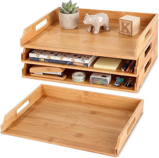AceOrbit 3 Pcs Stackable Paper Tray Bamboo Wood Desk Organizer Letter Tray 3 Tier Wooden File Organizer Desk Shelf for Documents, Letter Sorter, Envelopes and Magazine Holder