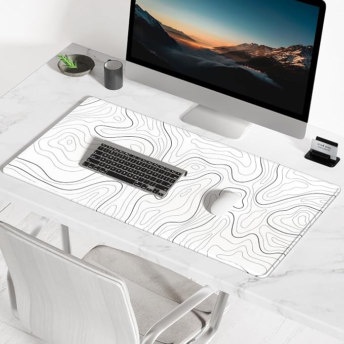 BOSOBO Large Mouse Pad, Desk Pad, XXL XL Extended Gaming Mouse Pad, Desk Mat for Office & Home, Long Keyboard Mat, Desktop Full Cover 31.5" x 11.8", Minimalist Topographic Map White