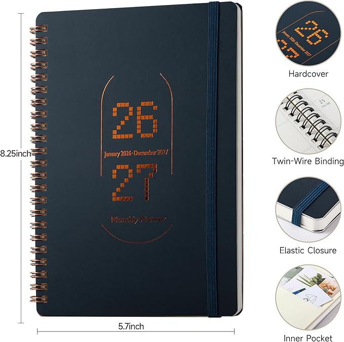 2026-2027 Monthly Planner-A5 Size Calendar Planner -Thick 120g Paper | Hard Cover with Elastic Band and Inner Pocket |Planner For Women,Men |Perfect for Office Home School Supplies & Personal Organizer (Blue-green)