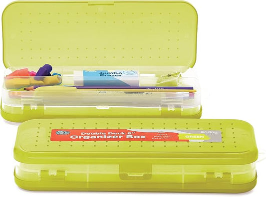 Enday Pencil Box Green, Plastic Double Deck Pencil Case with 7 Compartments, Box Organizer with Snap Closure for Home and Office