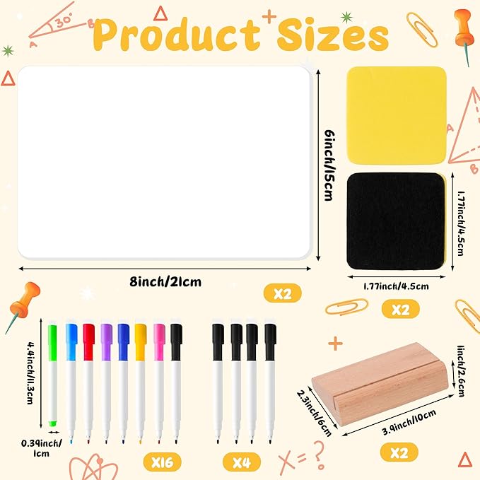 Small Dry Erase Board - 2PCS Whiteboards for Classroom Supplies with 20 Markers and 2 Erasers, Portable Double Sided Lapboard with Wood Base for Students Teachers School Accessories (8 x 6 in)