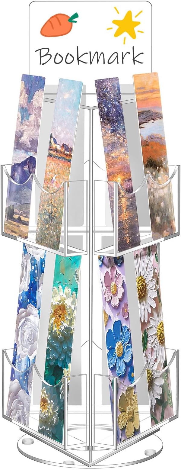 Marsui 2 Tier Acrylic Rotating Bookmark Display Stand, 14.6 x 4.1 x 5.9 Inches 3 Sided Bookmark Sticker Holder, 360° Rotating No Assembly Required for Vendors, Retail, Showcase, Trade Show