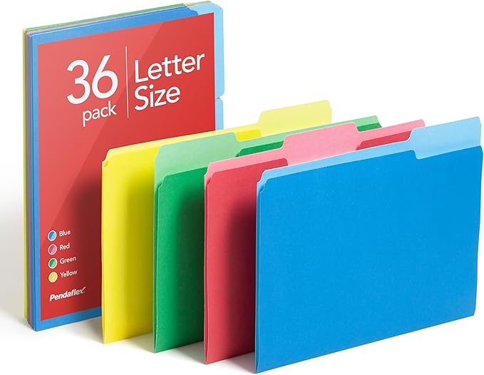 Pendaflex Colored File Folders, 36 Pack, Letter Size (8.5" x 11"), 3 Tabs, Durable Paper, Assorted Colors: Green, Yellow, Red & Blue, Color-Coding for School, Office & Home Document Organization