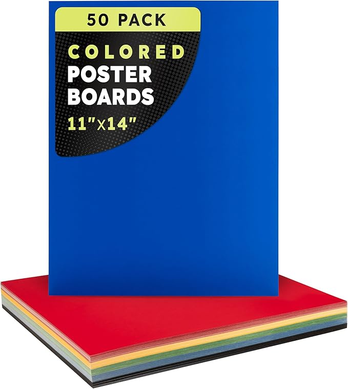 Hygloss Medium Colored Poster Board 11" x 14", 50 Sheets Assorted Standard Colors (Red, Yellow, Green, Blue, Black), 10 Pt Thickness, Bulk Pack for Crafts, School & Art Projects