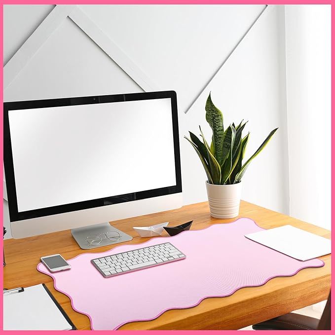 Hahafelt Scalloped Desk Mat Large Desk Pad Cute Coquette Table Mat Back to School Preppy Table Make up Pad Nonslip Graduation Gift with Stitching Waterproof Gaming(Pink,31.5 x 15.8 Inches)