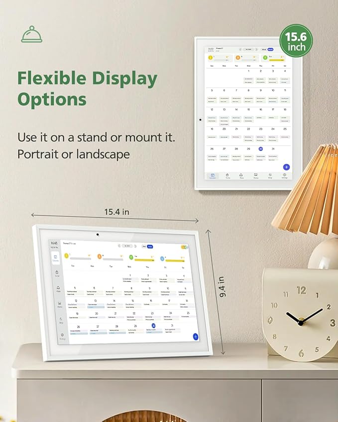 15.6 Inch Digital Calendar Chore Chart, Smart Digital Calendar Wall Planner Picture Frame with HD Touch Screen, Desk & Wall Mount Planner for Family Schedules(White)