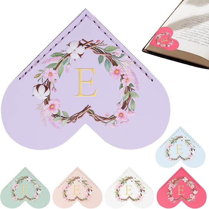 6 Pack Macaron Colorful Bookmarks,Heart Shape Leather Bookmark Set with Floral Initials,Cute UV Printed Design,Bulk Graduation Gifts for Students Teachers Book Lovers,Elegant Thank You Gift (E)
