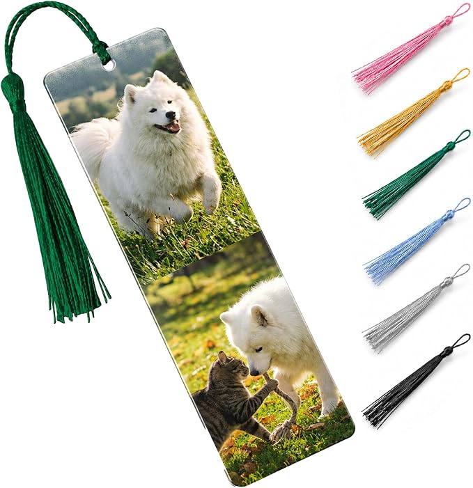 Personalized Photo Bookmark with Text, Custom Metal Page Marker with Tassel, Double Sided Aluminum Alloy Gift for Women Men Teachers Students and Book Lovers (2 Photos)