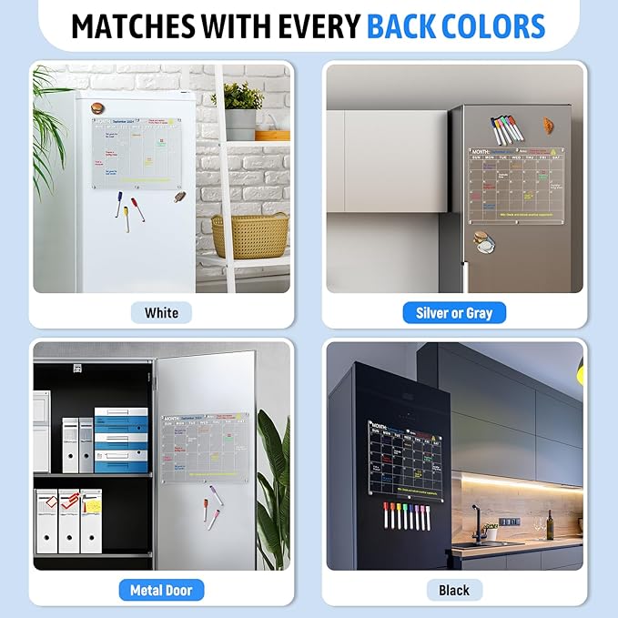 Acrylic Fridge Calendar, Magnetic Monthly Planner with 8 Color Markers, Clear Dry Erase Board for Events/Meetings/Shopping Lists - 14.5 * 11.5''