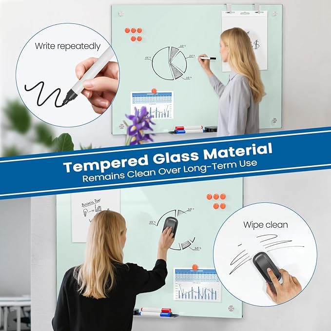Large 0.3mm Reinforced Metal Backing Glass White Board for Wall, 36" x 24" Big Magnetic Tempered Glass Dry Erase Board with Frameless Design, 3' x 2' Glass Whiteboard for Home, Office, School