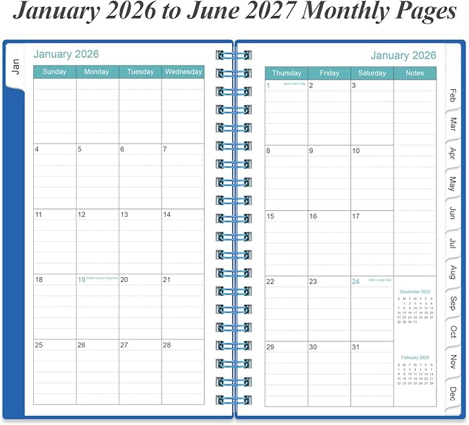 2026-2027 Monthly Planner - January 2026 - June 2027, Two Pages Per Month, 18 Monthly Calendar/Planner with Tabs, Strong Twin-Wire Binding, Inner Pocket, 3.75" x 6.5", Blue