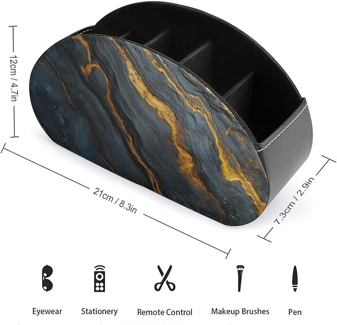 Black Glossy Marble Remote Control Holder with 5 Compartments Leather TV Remote Caddy Remote Storage Box Desktop Organizer for Pen/TV Remotes/Media Controllers/Office Supplies