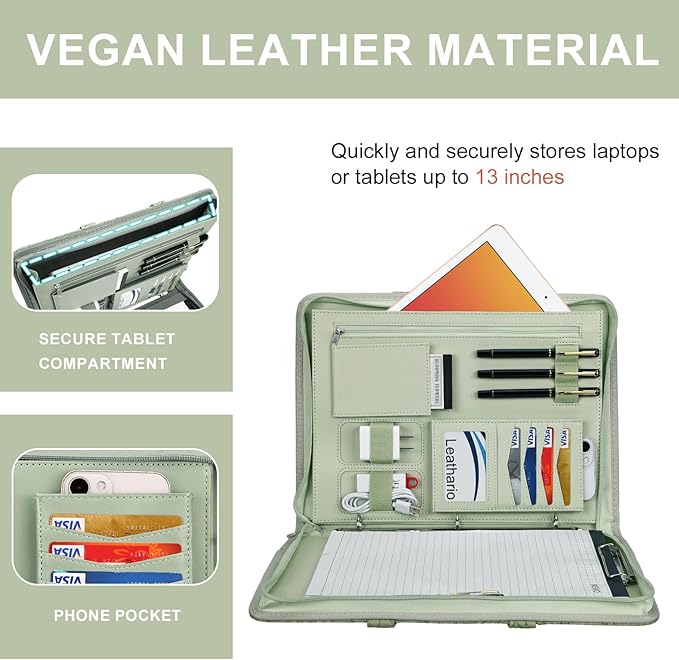 Leathario Portfolio Binder, Includes 5 Folder Index Dividers, 13 Inch Tablets Organizer with Handle, Vegan Leather A4 Padfolio, Multi-Pocket Notepad Business Planner Professional Document