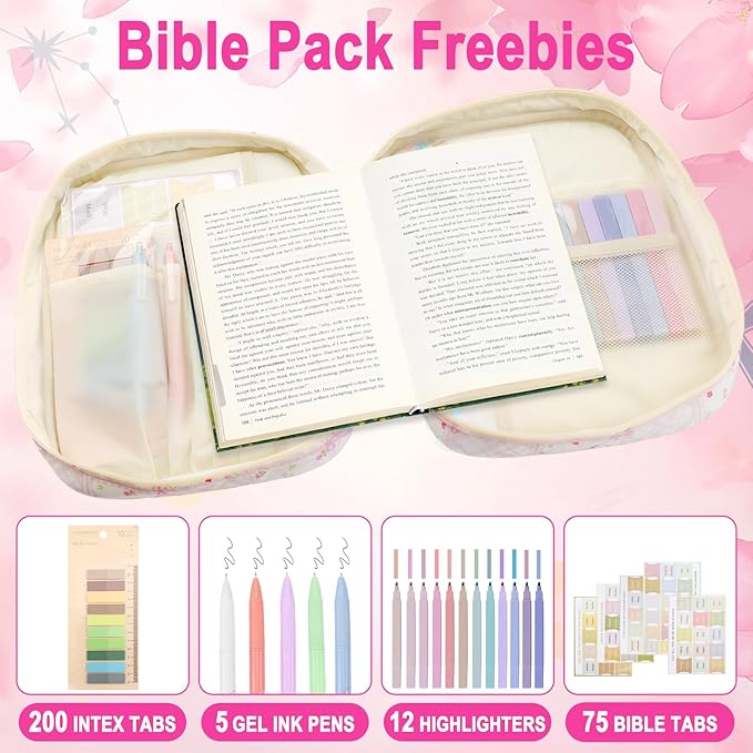 Zkptops Bible Cover Case for Women Large Bible Bag Cotton Quilted Bible Carrying Case with Zipper Pocket and Handle Carrying Book Cover for Christian Study Supplies Christian Gift(Bow Flower)