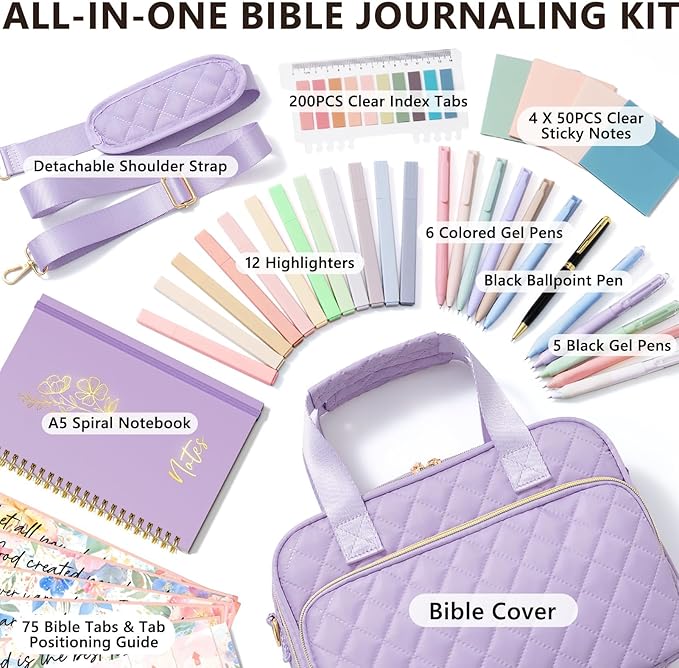 Bible Cover Case for Women, Large Bible Bag Bible Study Supplies Accessories Journaling Kit with Highlighters Tabs, Quilted Book Carrying Cases with Shoulder Strap, Christian Easter Gifts for Women