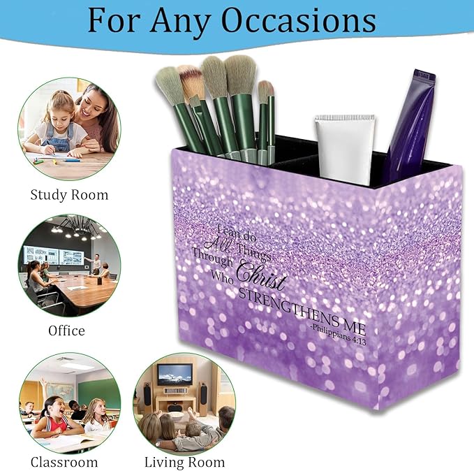 Pen Holder, Pencil Case, Makeup Brush Storage Box, Tableware Storage Box, Suitable for Office Or Home Item Organizing Stand - Purple Glitter Quote Philippians 4-13