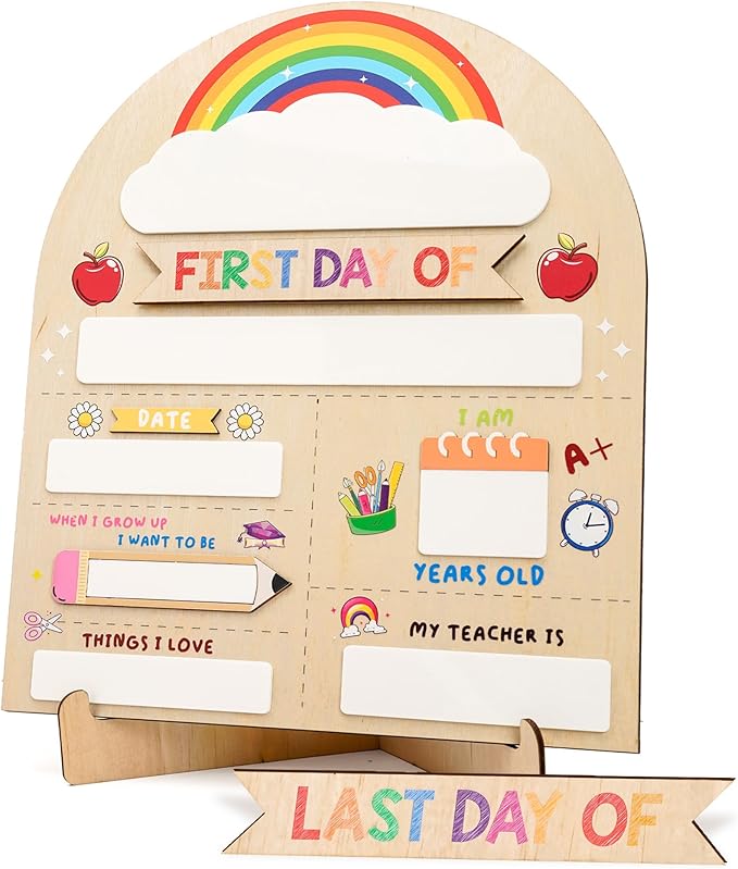 12"x10" Back to School Sign, My First & Last Day of School Board for Kids, Reusable Back to Class Wooden Chalkboard for Preschool, Pre-K, and Kindergarten, Easy to Write & Clean Board