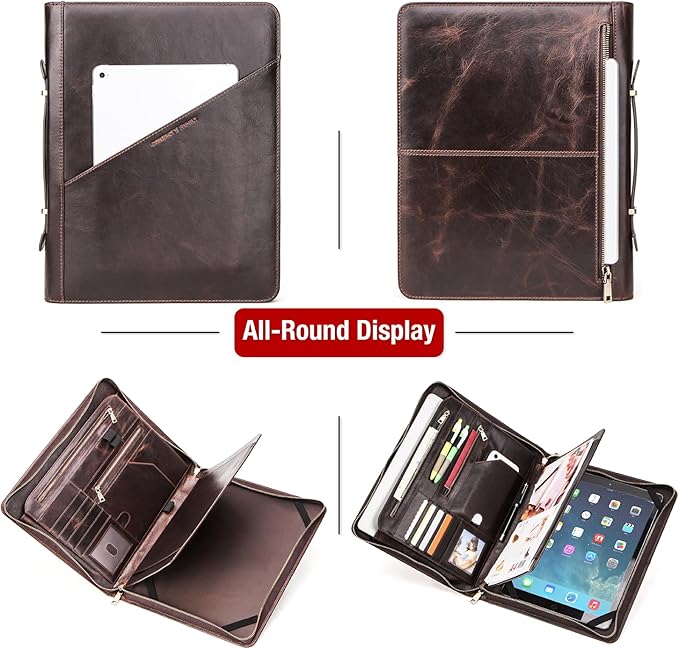 Top Grain Leather 12.9" Large Portfolio, Solid Vintage Design, Handmade, Large Capacity Multi-Functional Business Zip Padfolio, Suitable for Cards/Tablet/Phone/A4 Doc, Dark Coffee 12.9 Inch