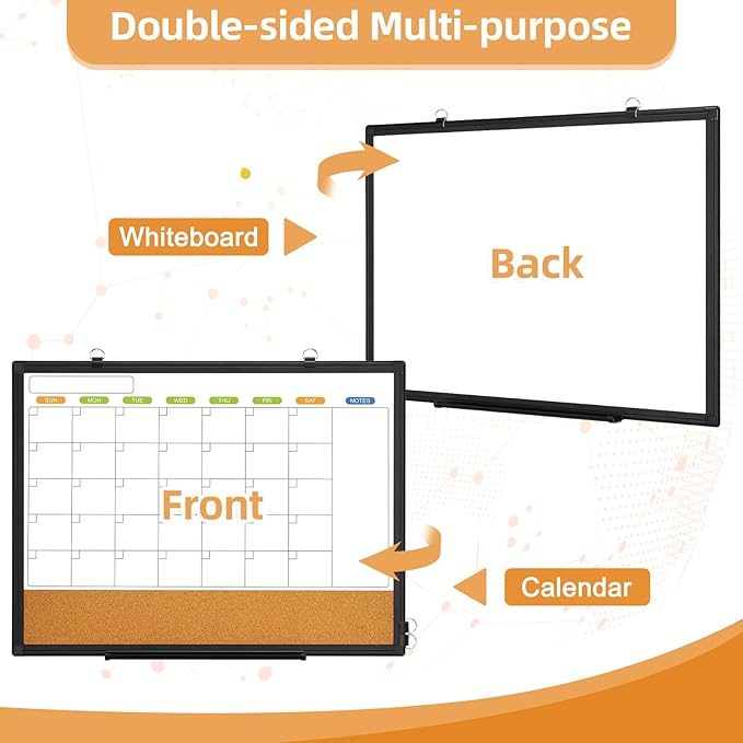 Dry Erase Calendar Whiteboard for Wall, WALGLASS 36" x 24" Double-Sided Monthly Calendar White Board Cork Combo, Black Aluminum Frame Hanging Wall Mounted Bulletin Corkboards for Home, Office, School
