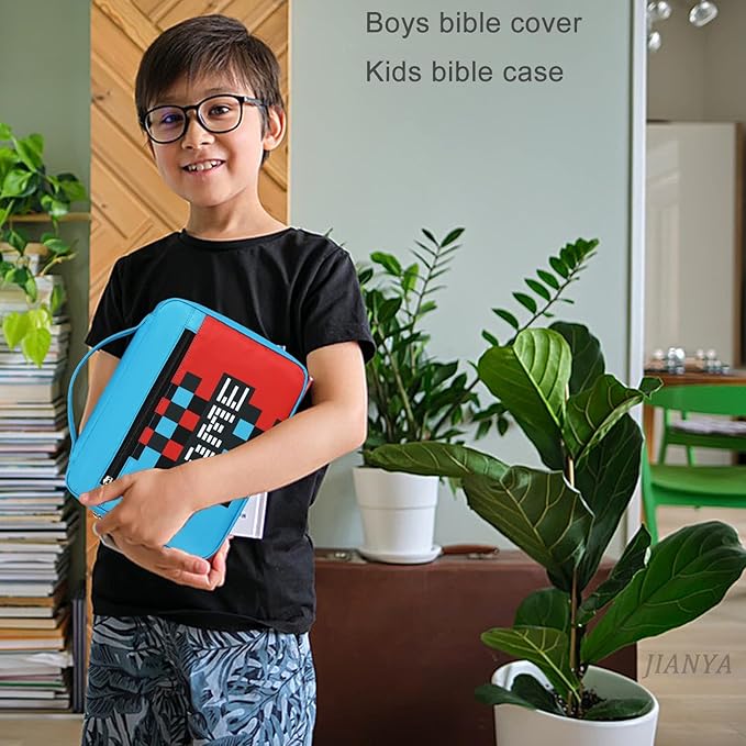 JIANYA Bible Cover for Boys Kids Bible Case Childrens Bible Bag with Handle and Zippered Pocket, Checkered Blue